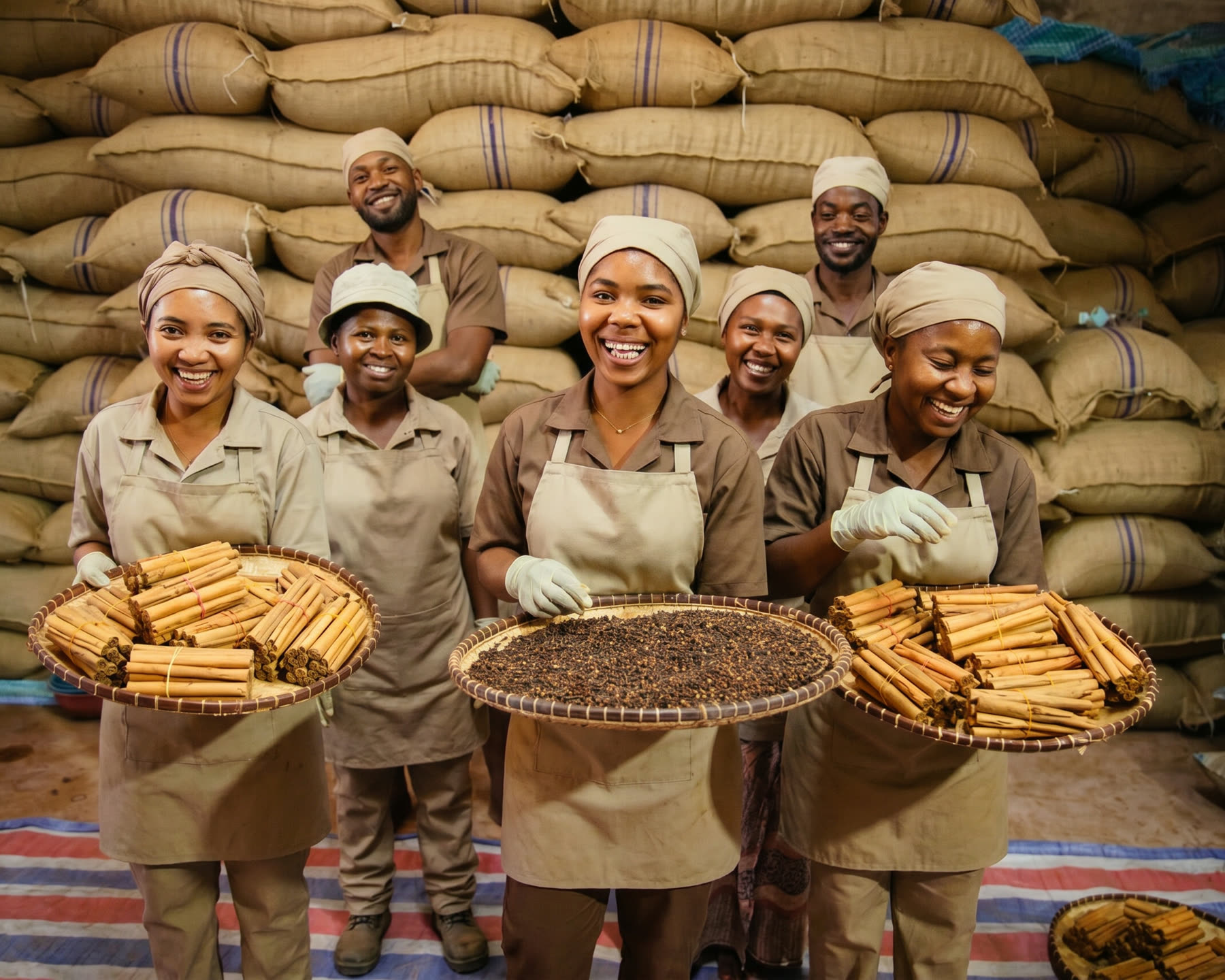 YAI ECO SOURCING SARL team with Madagascar cinnamon and cloves in the warehouse