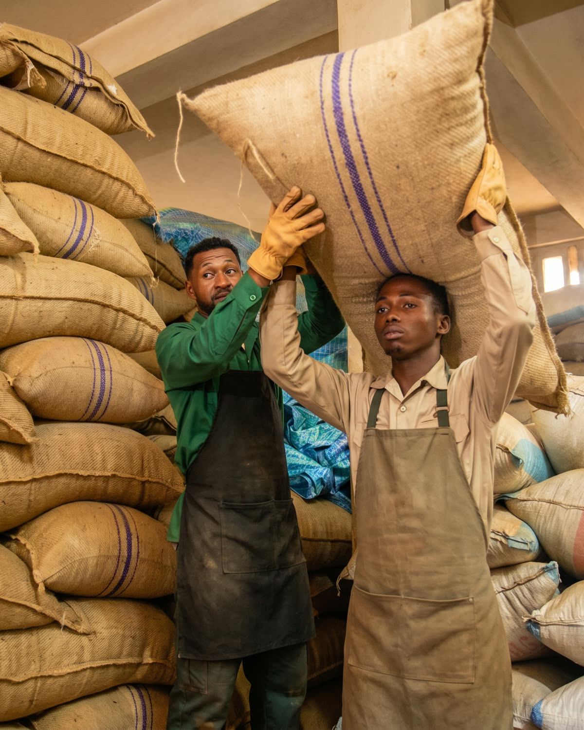 YAI warehouse team handling export sacks in Madagascar