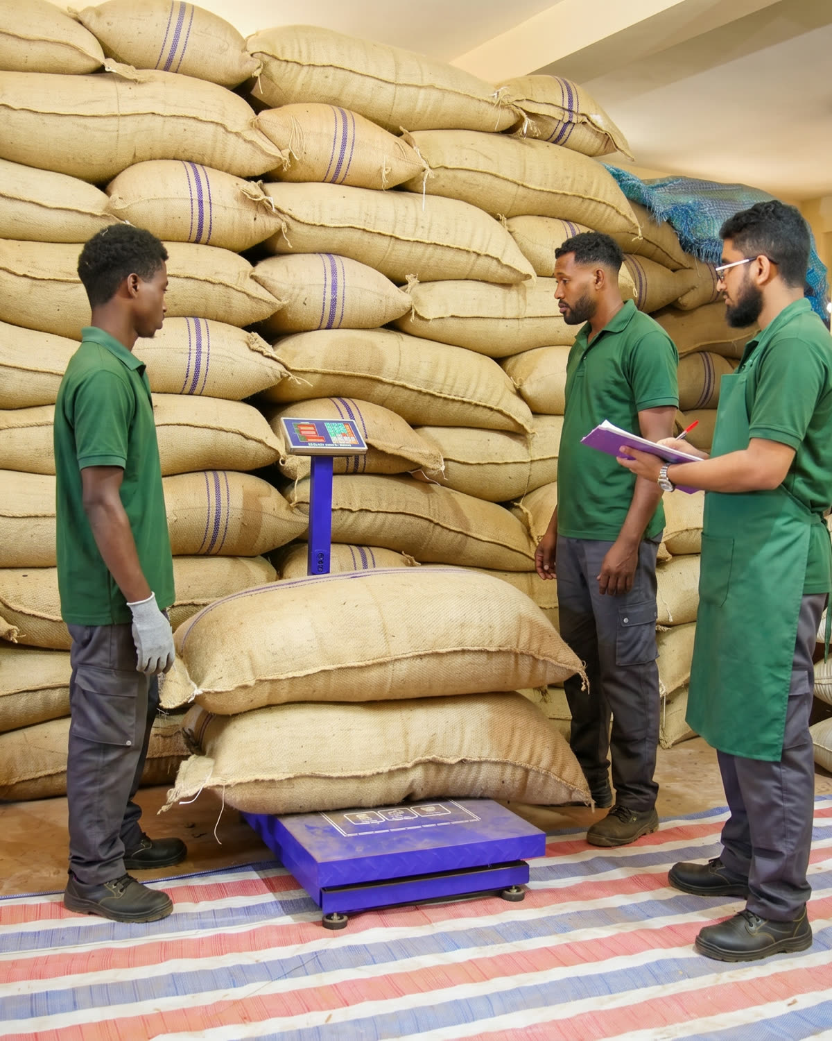 Warehouse team reviewing export sacks and lot preparation in Madagascar
