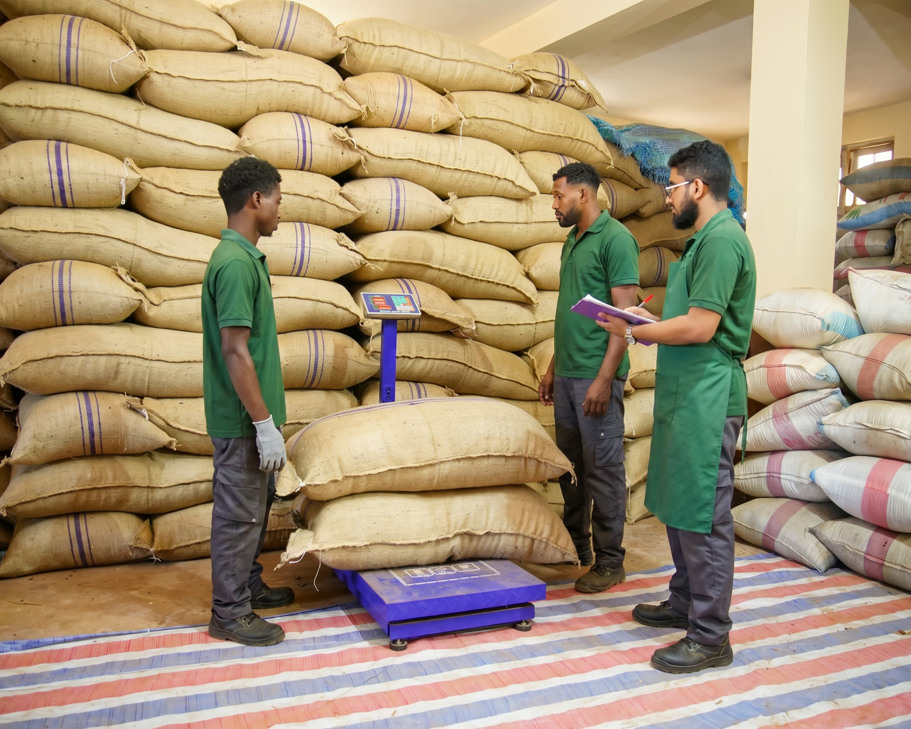 YAI warehouse team reviewing export sacks in Madagascar
